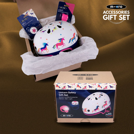 Unicorn Print Safety Set: Helmet, Bell and Light