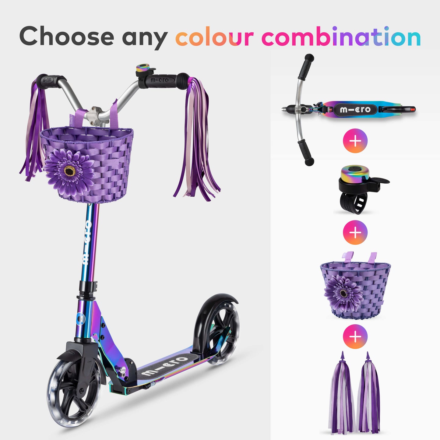 The Ready Rider Set: Cruiser LED Scooter, Basket, Ribbons and Bell