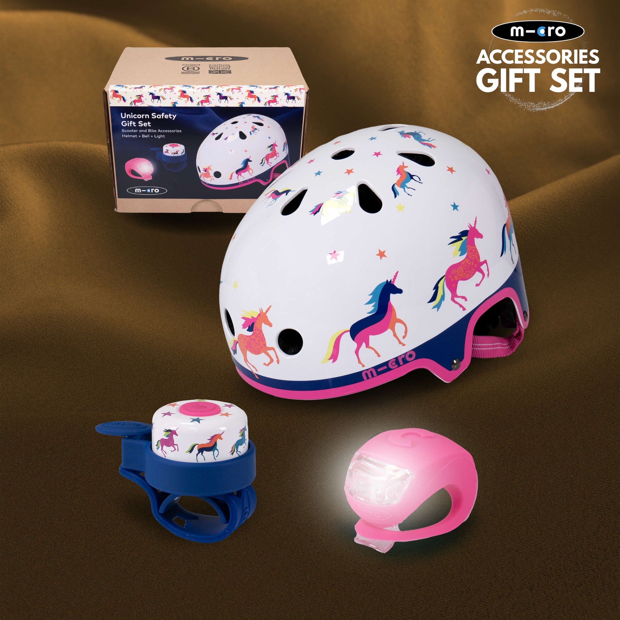 Helmet, Patterned Bell and Light: Unicorn Micro Scooters
