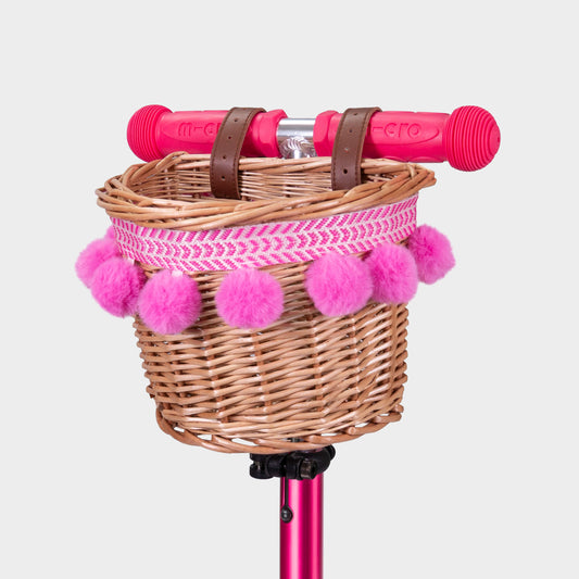 Wicker Basket with Pom Poms: Pink