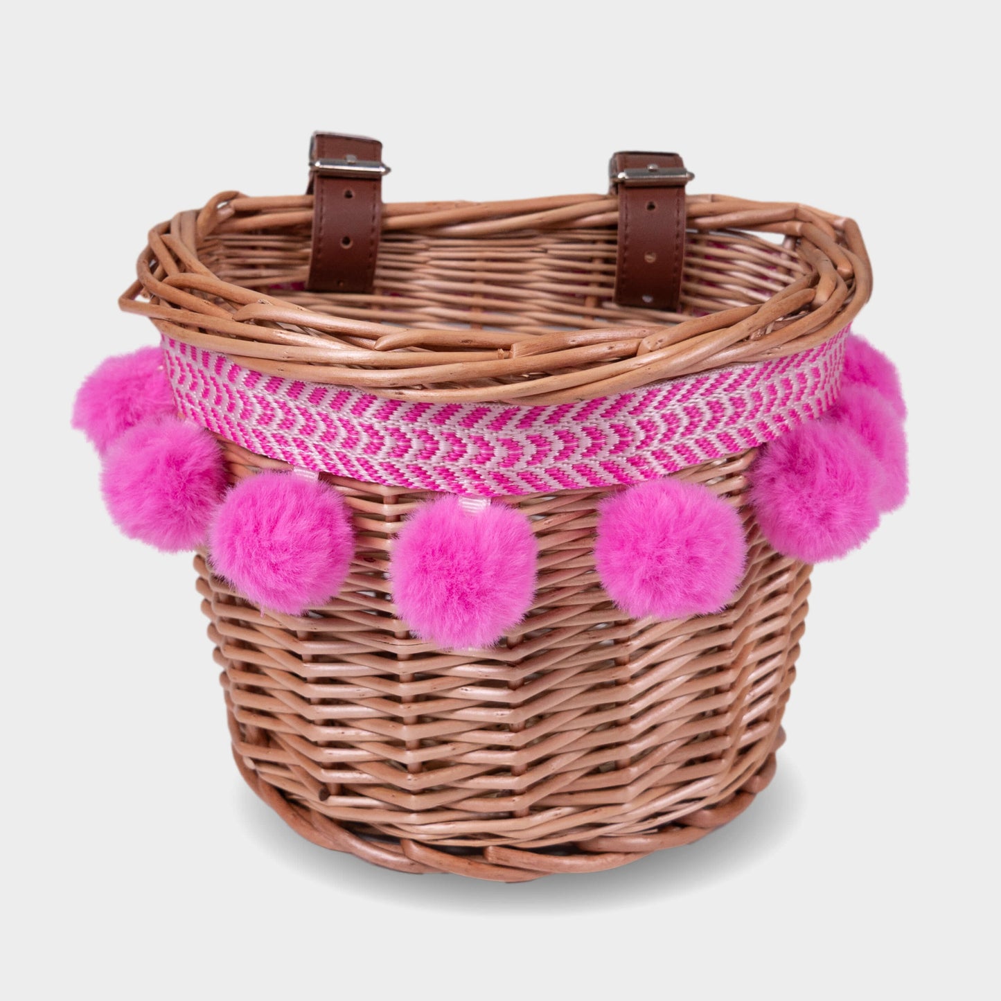 Wicker Basket with Pom Poms: Pink
