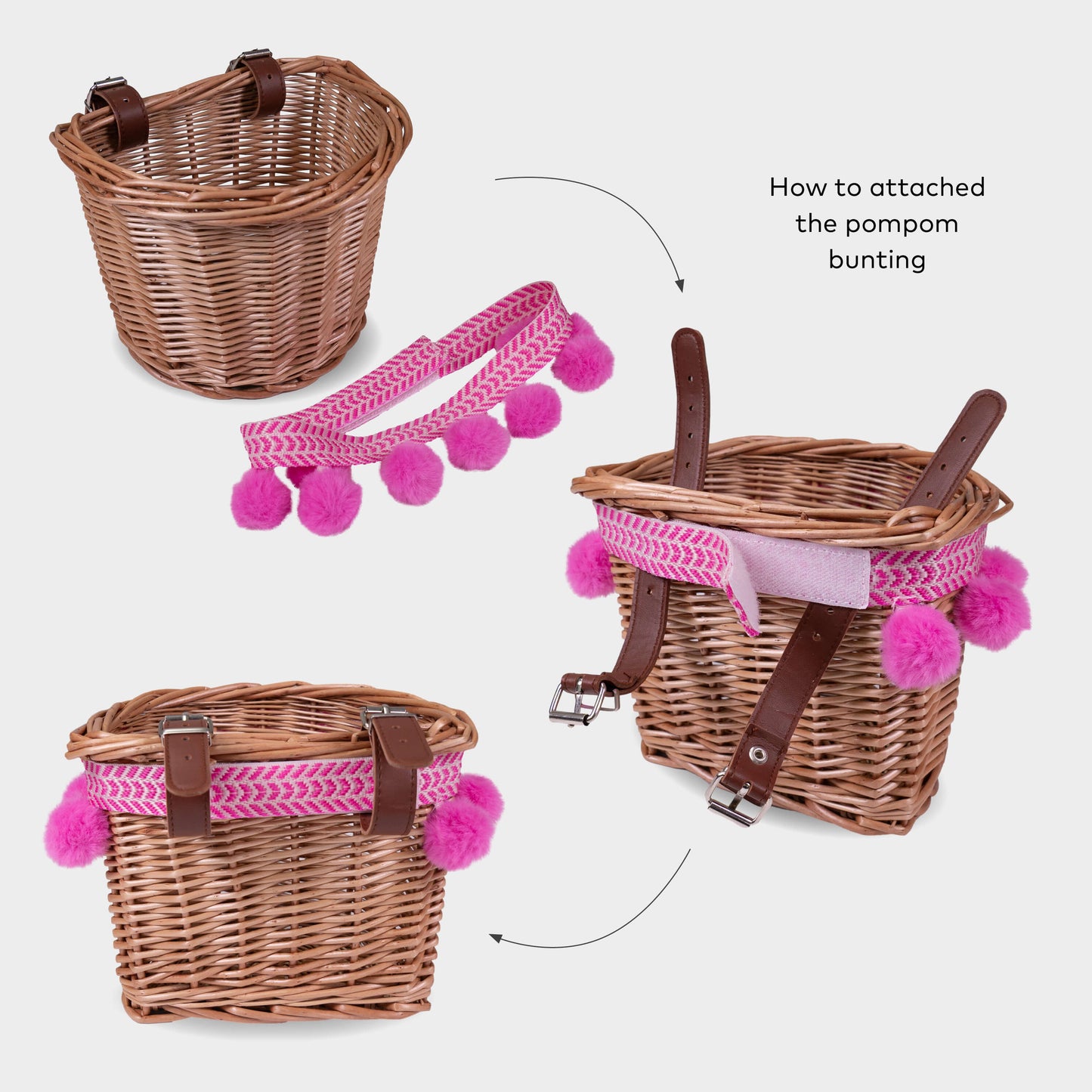 Wicker Basket with Pom Poms: Pink