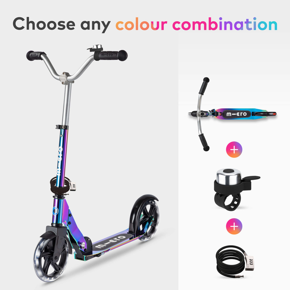 Essentials Set: Cruiser LED Scooter, Bell and Lock