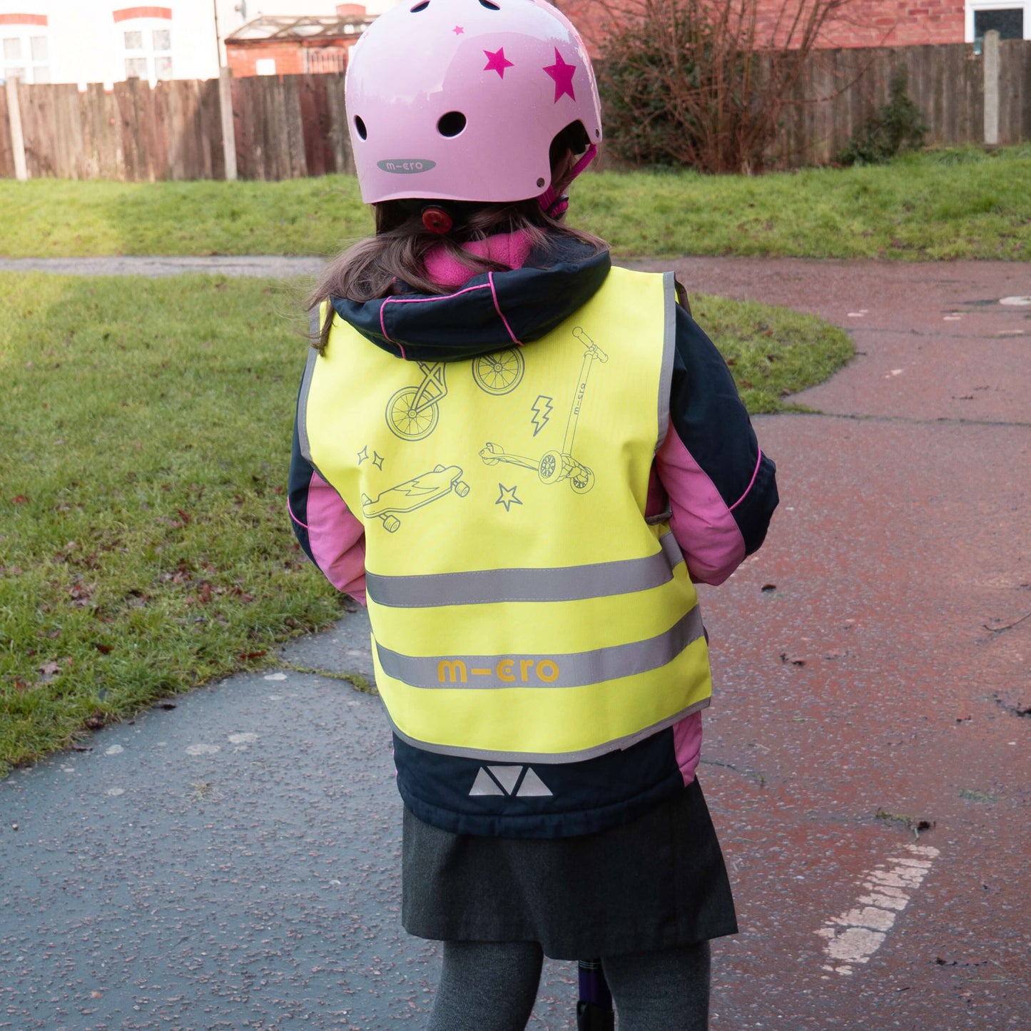 High visibility scooter safety vest: Yellow Vehicle Print