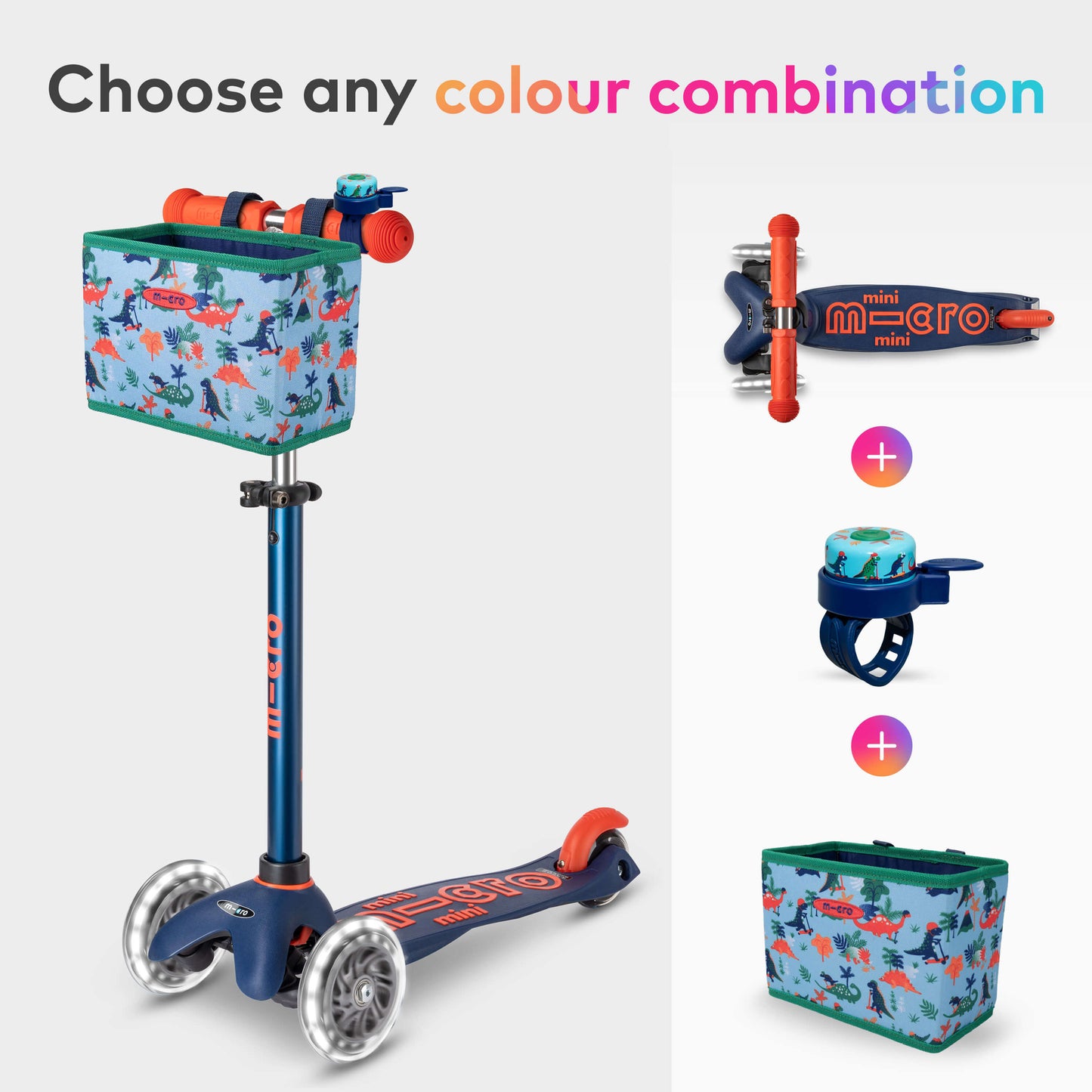 Mini Micro Deluxe LED, Bell and Foldable Basket Scooter Set