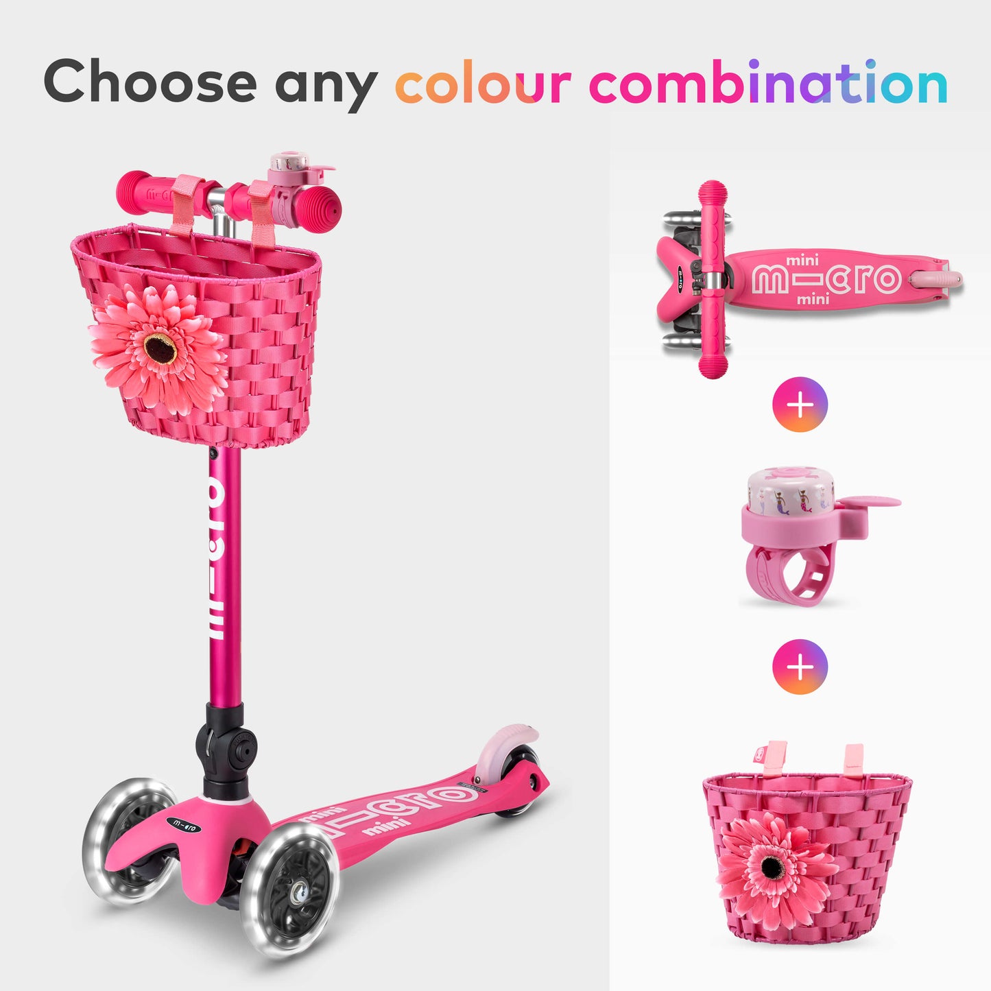 Mini Micro Foldable LED, Bell and Basket Scooter Set